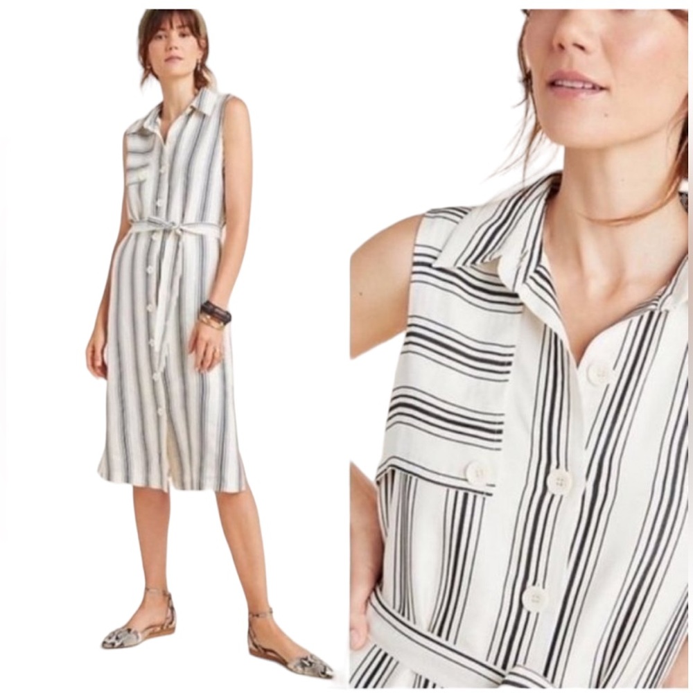 Maeve Sleeveless Midi Shirt Dress in White with Black Stripes